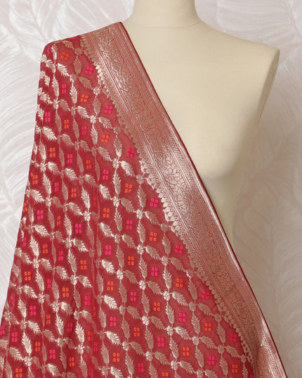 Luxurious Red Synthetic Brocade Dupatta with Golden Geometric Patterns and Lustrous Border, 85x230 cm-D19316