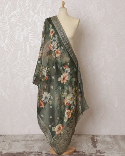 Elegant Olive Green Synthetic Brocade Dupatta with Floral Print and Gold Border, 85x230 cm-D19317