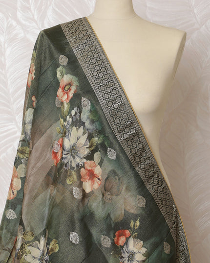 Elegant Olive Green Synthetic Brocade Dupatta with Floral Print and Gold Border, 85x230 cm-D19317