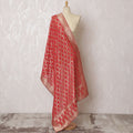 Radiant Coral Red Synthetic Brocade Dupatta with Golden Filigree Design, 85x230 cm-D19318