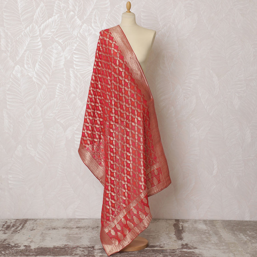 Radiant Coral Red Synthetic Brocade Dupatta with Golden Filigree Design, 85x230 cm-D19318