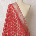 Radiant Coral Red Synthetic Brocade Dupatta with Golden Filigree Design, 85x230 cm-D19318