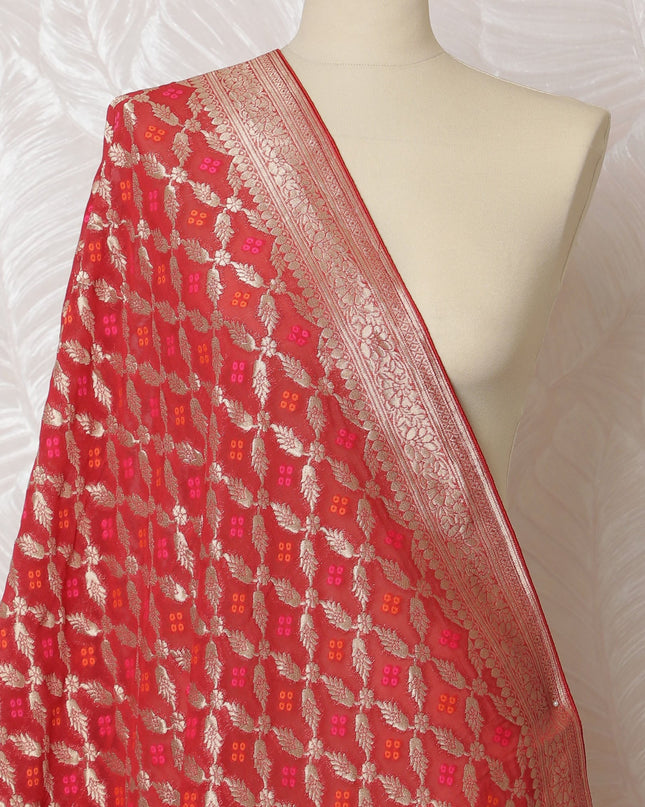 Radiant Coral Red Synthetic Brocade Dupatta with Golden Filigree Design, 85x230 cm-D19318 Regal Fabrics