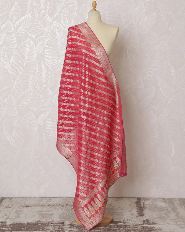 Stunning Rose Pink Synthetic Brocade Dupatta with Silver Stripes and Delicate Border, 85x230 cm-D19319 Regal Fabrics