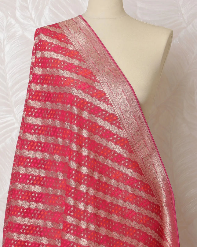 Stunning Rose Pink Synthetic Brocade Dupatta with Silver Stripes and Delicate Border, 85x230 cm-D19319 Regal Fabrics