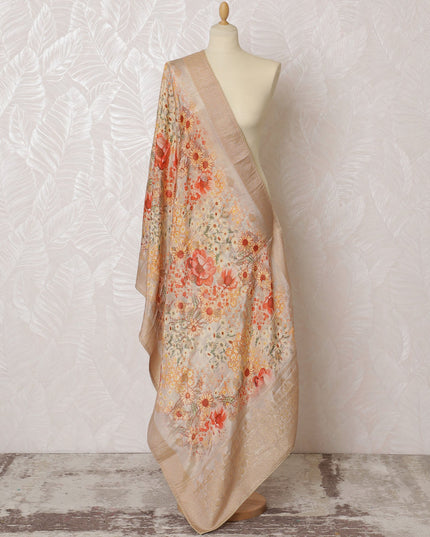 Luxurious Beige Synthetic Brocade Dupatta with Vibrant Orange Floral Patterns and Gold Accents, 85x230 cm-D19320