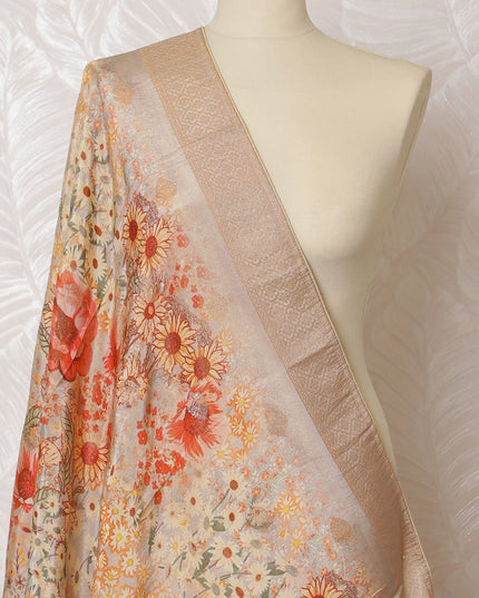 Luxurious Beige Synthetic Brocade Dupatta with Vibrant Orange Floral Patterns and Gold Accents, 85x230 cm-D19320