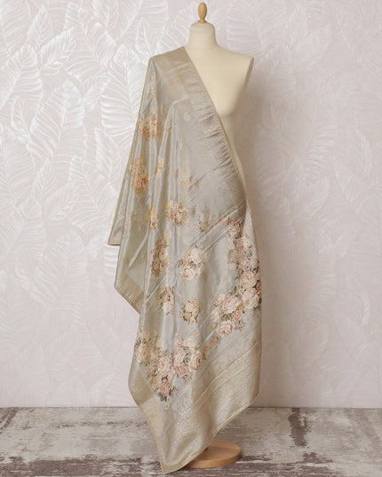 Elegant Silver Synthetic Brocade Dupatta with Pink Floral Embroidery, 85x230 cm-D19321