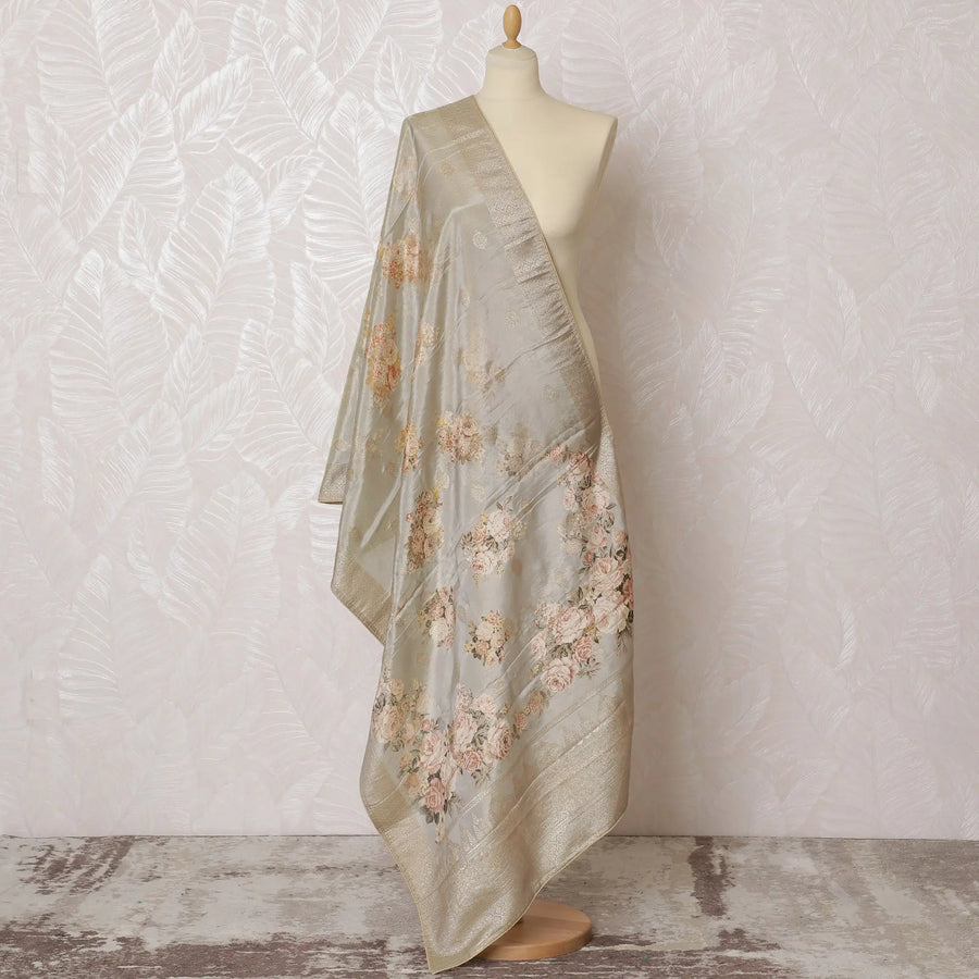Elegant Silver Synthetic Brocade Dupatta with Pink Floral Embroidery, 85x230 cm-D19321 Regal Fabrics