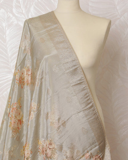 Elegant Silver Synthetic Brocade Dupatta with Pink Floral Embroidery, 85x230 cm-D19321