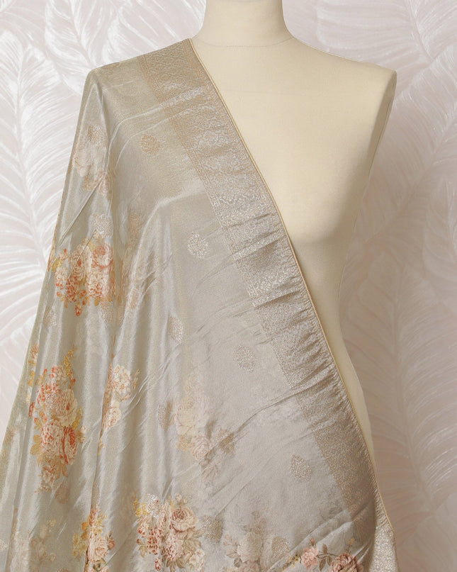Elegant Silver Synthetic Brocade Dupatta with Pink Floral Embroidery, 85x230 cm-D19321 Regal Fabrics