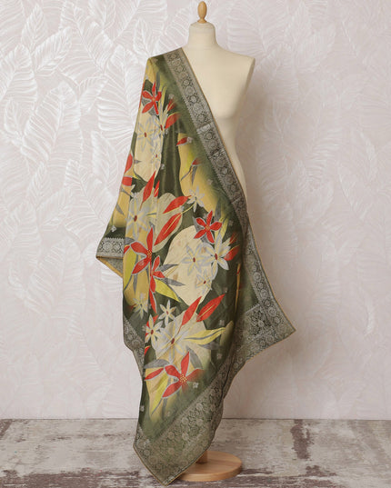 Chic Olive Green Synthetic Brocade Dupatta with Bold Floral Design, 85x230 cm-D19322