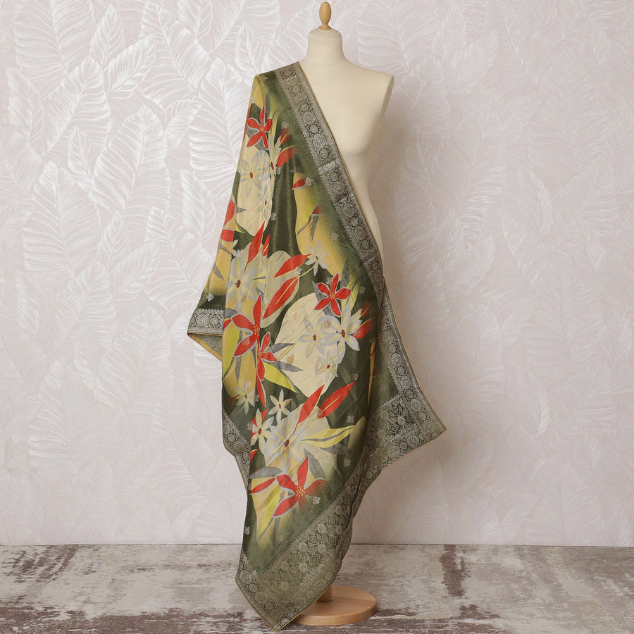Chic Olive Green Synthetic Brocade Dupatta with Bold Floral Design, 85x230 cm-D19322