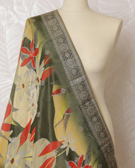 Chic Olive Green Synthetic Brocade Dupatta with Bold Floral Design, 85x230 cm-D19322