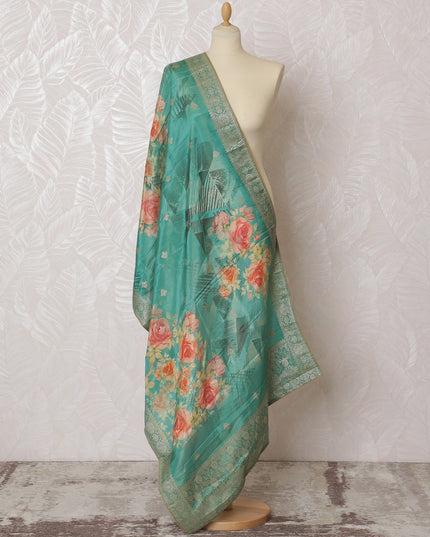 Refreshing Aqua Blue Synthetic Brocade Dupatta with Pink Rose Patterns and Gold Detailing, 85x230 cm-D19323