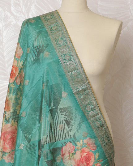 Refreshing Aqua Blue Synthetic Brocade Dupatta with Pink Rose Patterns and Gold Detailing, 85x230 cm-D19323