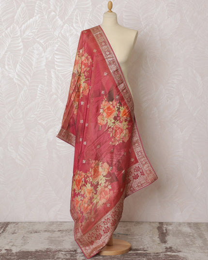 Elegant Turquoise Synthetic Brocade Dupatta with Floral Print and Golden Lace Border, 85x230 cm-D19324