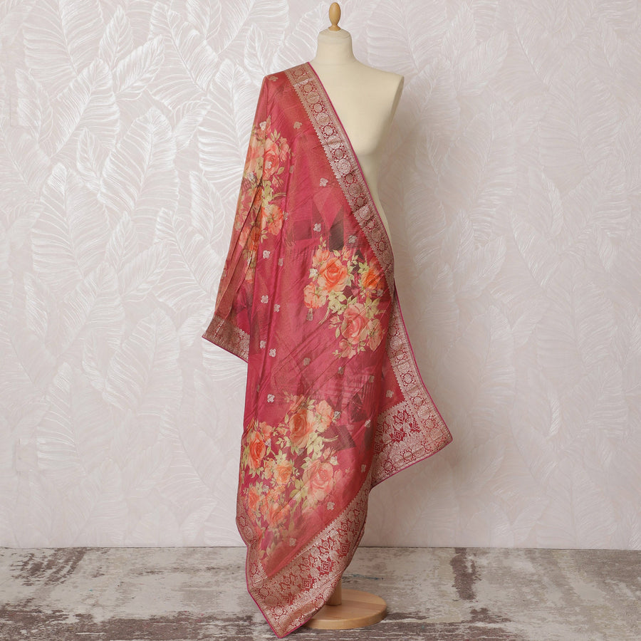 Elegant Turquoise Synthetic Brocade Dupatta with Floral Print and Golden Lace Border, 85x230 cm-D19324