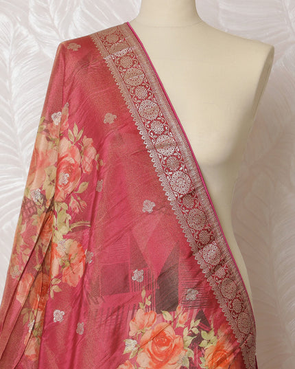 Elegant Turquoise Synthetic Brocade Dupatta with Floral Print and Golden Lace Border, 85x230 cm-D19324