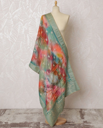 Artistic Watercolor Print Synthetic Brocade Dupatta in Vibrant Colors with Mint Green Border, 85x230 cm-D19325