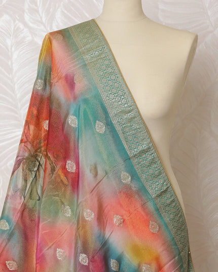 Artistic Watercolor Print Synthetic Brocade Dupatta in Vibrant Colors with Mint Green Border, 85x230 cm-D19325