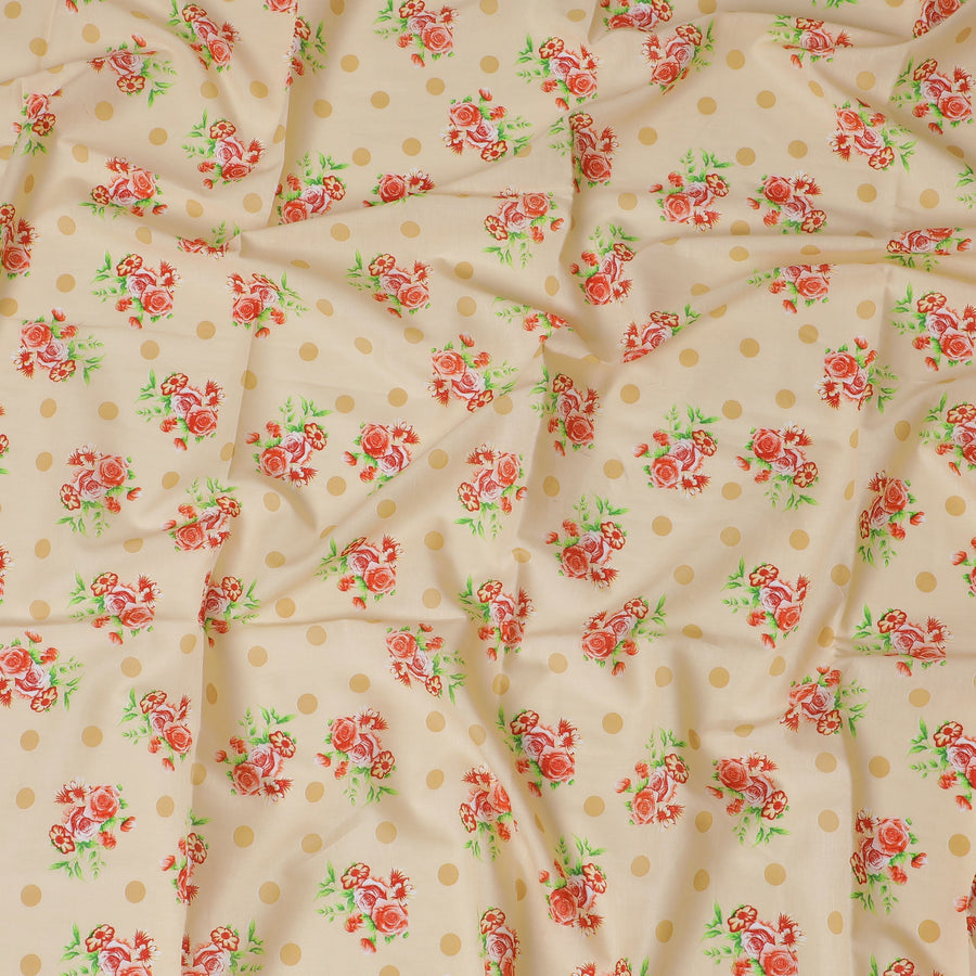 قماش قطن بيج ساحر مع ورود حمراء ومنقط، القطعة الأخيرة، عرض 110 سم-D19331(قطعة 2.5 متر)