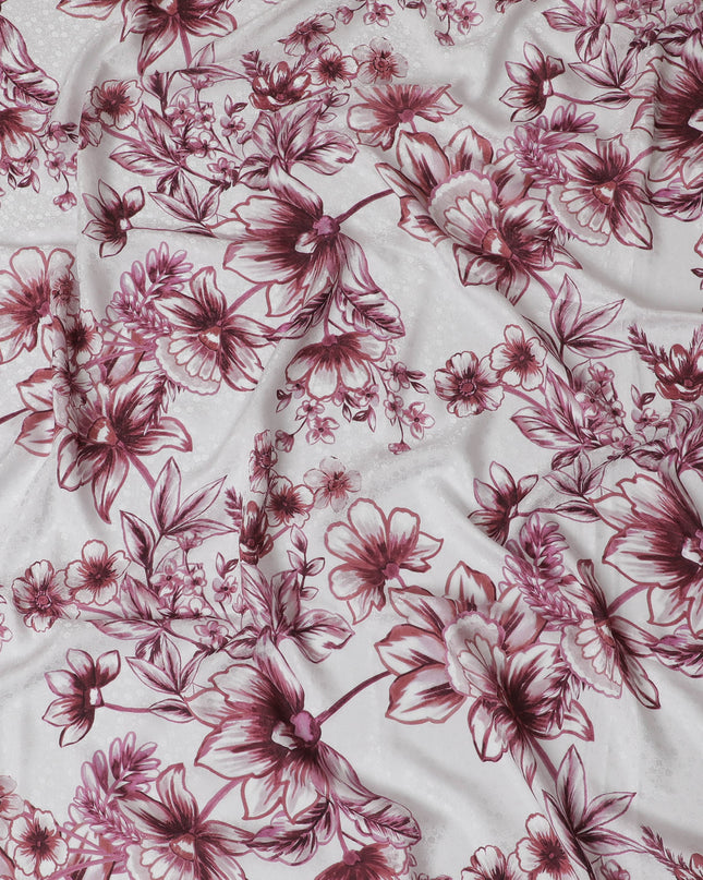 Silk Crepe Fabric - White with Rich Burgundy Floral Print, Last Piece, 140cm Wide-D19332(2.2Mtrs Piece) Regal Fabrics