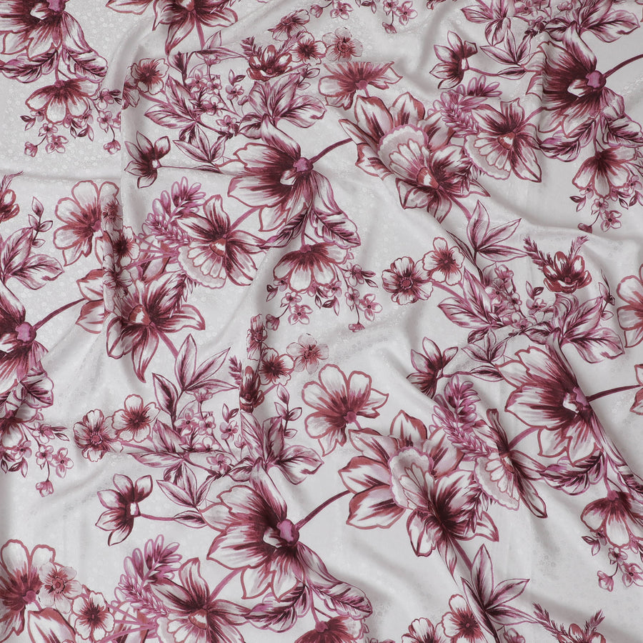 قماش كريب حريري - أبيض مع طباعة زهور بورجوندي الغنية، القطعة الأخيرة، بعرض 140 سم -D19332(قطعة 2.2 متر)