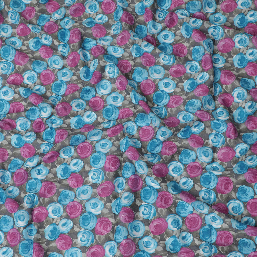 Floral Cotton Fabric - Vibrant Pink and Blue Rose Print on Grey Background, 110cm Wide, Last Piece-D19334(2.5Mtrs Piece)