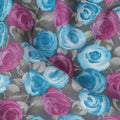 Floral Cotton Fabric - Vibrant Pink and Blue Rose Print on Grey Background, 110cm Wide, Last Piece-D19334(2.5Mtrs Piece)