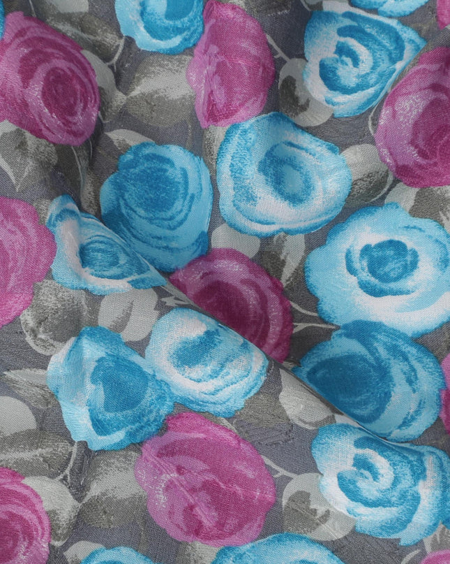 Floral Cotton Fabric - Vibrant Pink and Blue Rose Print on Grey Background, 110cm Wide, Last Piece-D19334(2.5Mtrs Piece) Regal Fabrics