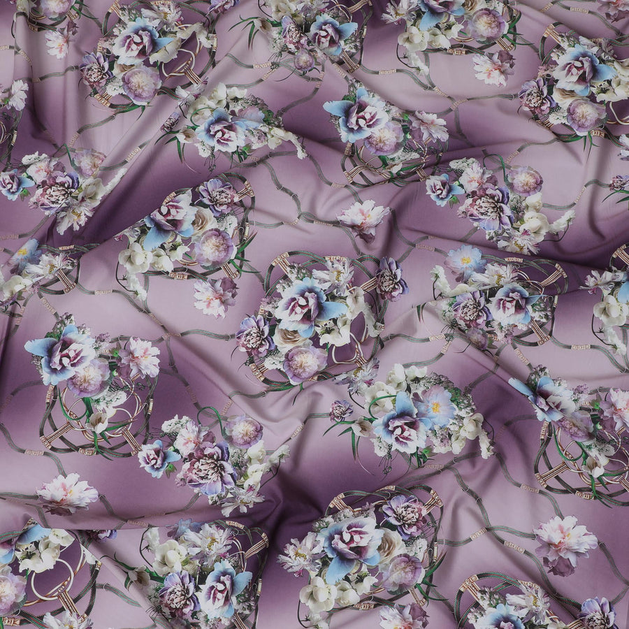 قماش كريب لافندر - طباعة زهور وشريط أنيقة، صناعي، عرض 140 سم، القطعة الأخيرة-D19335(قطعة 3 أمتار)