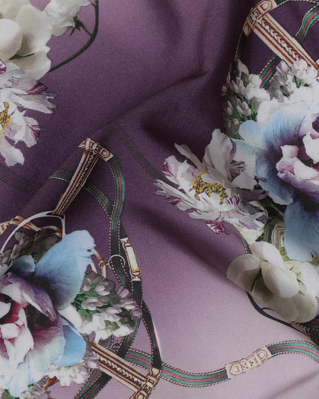 قماش كريب لافندر - طباعة زهور وشريط أنيقة، صناعي، عرض 140 سم، القطعة الأخيرة-D19335(قطعة 3 أمتار)