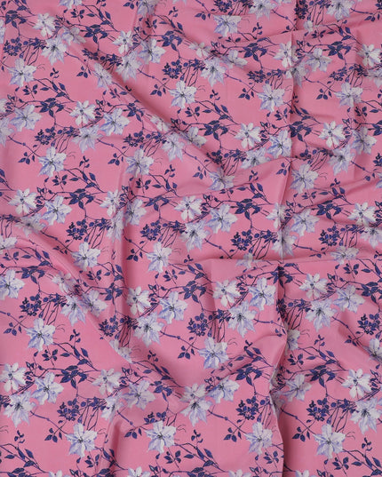 Pink Synthetic Crepe Fabric - Delicate White and Blue Floral Print, 140cm Wide, Last Piece-D19337(1.5Mtrs Piece)