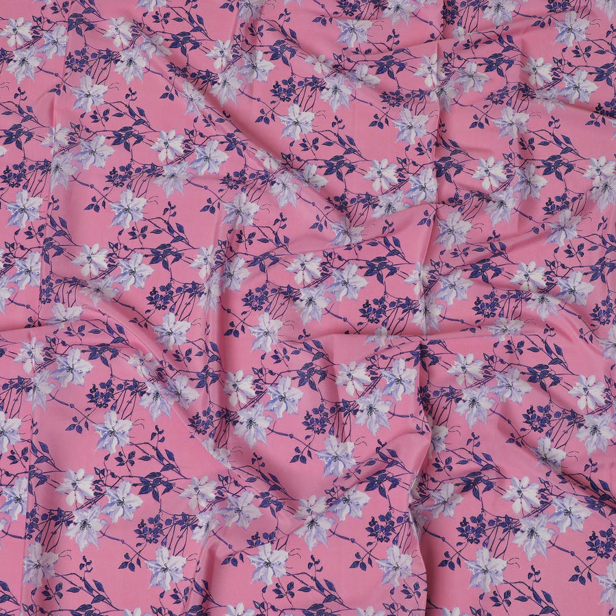 Pink Synthetic Crepe Fabric - Delicate White and Blue Floral Print, 140cm Wide, Last Piece-D19337(1.5Mtrs Piece)