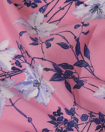 Pink Synthetic Crepe Fabric - Delicate White and Blue Floral Print, 140cm Wide, Last Piece-D19337(1.5Mtrs Piece)