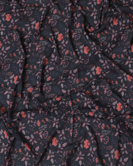 Charcoal Synthetic Crepe Fabric - Coral Floral and Butterfly Print, 110cm Wide, Last Piece-D19338(1.5Mtrs Piece)