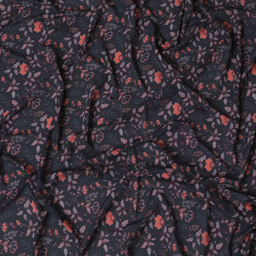 قماش كريب صناعي فحمي - طباعة زهور ومرجانية وفراشات، عرض 110 سم، القطعة الأخيرة-D19338(قطعة 1.5 متر)