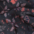 قماش كريب صناعي فحمي - طباعة زهور ومرجانية وفراشات، عرض 110 سم، القطعة الأخيرة-D19338(قطعة 1.5 متر)