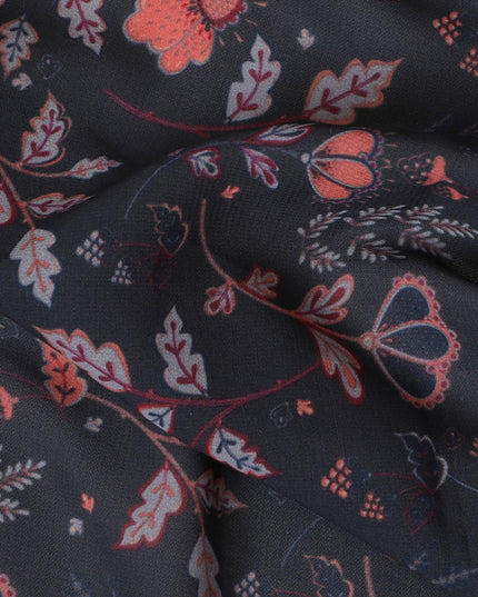 Charcoal Synthetic Crepe Fabric - Coral Floral and Butterfly Print, 110cm Wide, Last Piece-D19338(1.5Mtrs Piece)