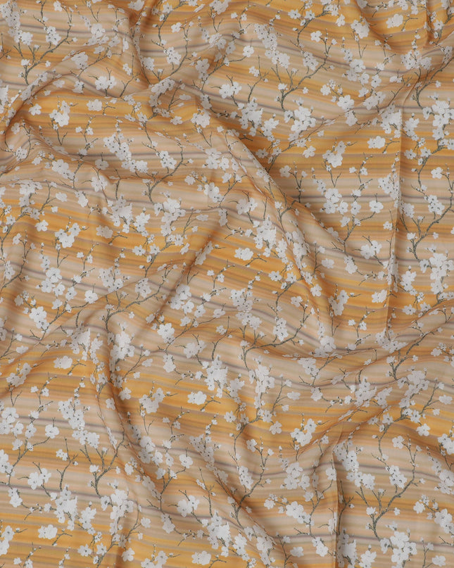Mustard Yellow Synthetic Crepe Fabric - Delicate White Blossom Print, 110cm Wide, Last Piece-D19339(1.6Mtrs Piece)