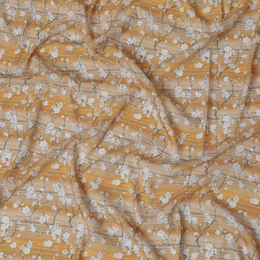Mustard Yellow Synthetic Crepe Fabric - Delicate White Blossom Print, 110cm Wide, Last Piece-D19339(1.6Mtrs Piece) Regal Fabrics