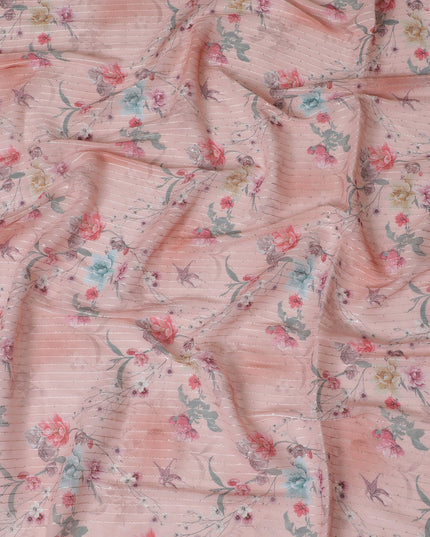 Pink Georgette Fabric - Light Floral Print with Textured Stripes, 110cm Wide, Last Piece-D19340(1.6Mtrs Piece)