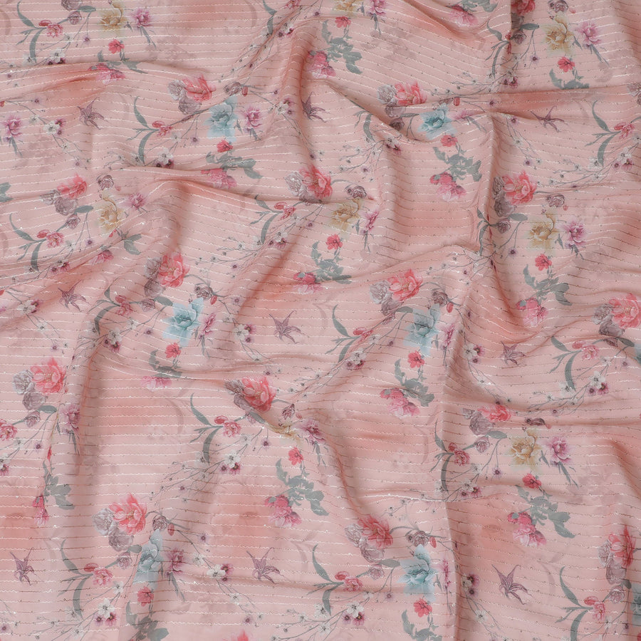 Pink Georgette Fabric - Light Floral Print with Textured Stripes, 110cm Wide, Last Piece-D19340(1.6Mtrs Piece) Regal Fabrics