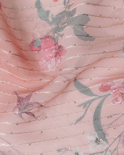 Pink Georgette Fabric - Light Floral Print with Textured Stripes, 110cm Wide, Last Piece-D19340(1.6Mtrs Piece)