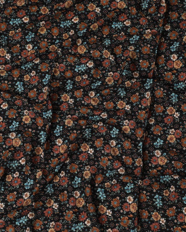 Dark Floral Viscose Crepe Fabric - Multicolored Print on Black, 140cm Wide, Last Piece-D19341(1.35Mtrs Piece) Regal Fabrics