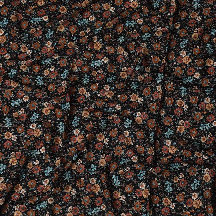 Dark Floral Viscose Crepe Fabric - Multicolored Print on Black, 140cm Wide, Last Piece-D19341(1.35Mtrs Piece)