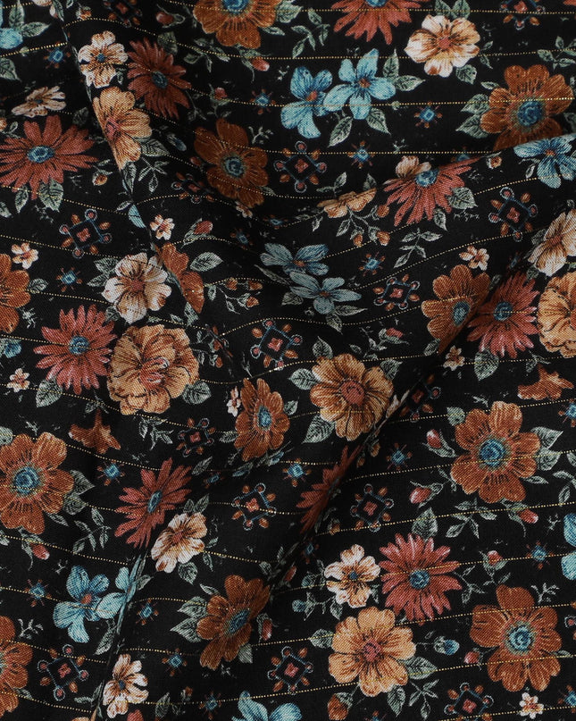 Dark Floral Viscose Crepe Fabric - Multicolored Print on Black, 140cm Wide, Last Piece-D19341(1.35Mtrs Piece) Regal Fabrics