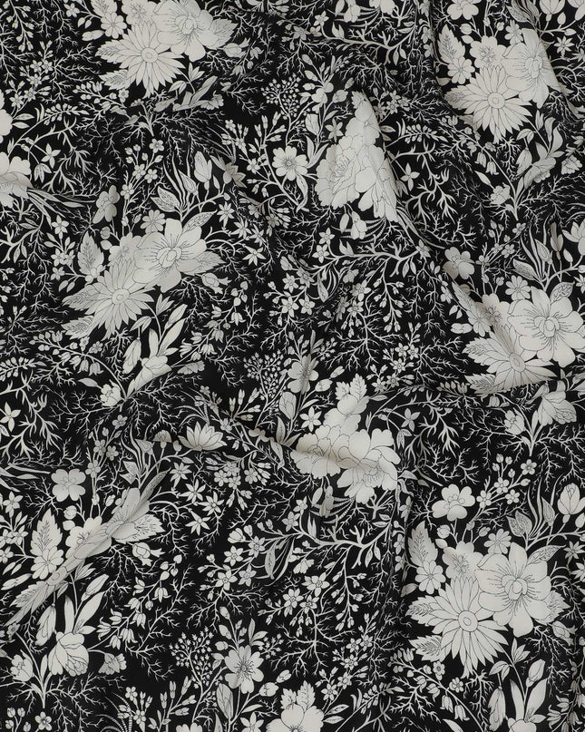 Monochrome Silk Crepe Fabric - Elegant Black and White Floral Print, 110cm Wide, Last Piece-D19342(1.55Mtrs Piece) Regal Fabrics