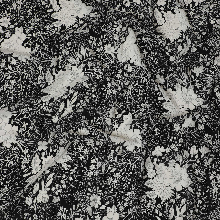 Monochrome Silk Crepe Fabric - Elegant Black and White Floral Print, 110cm Wide, Last Piece-D19342(1.55Mtrs Piece) Regal Fabrics